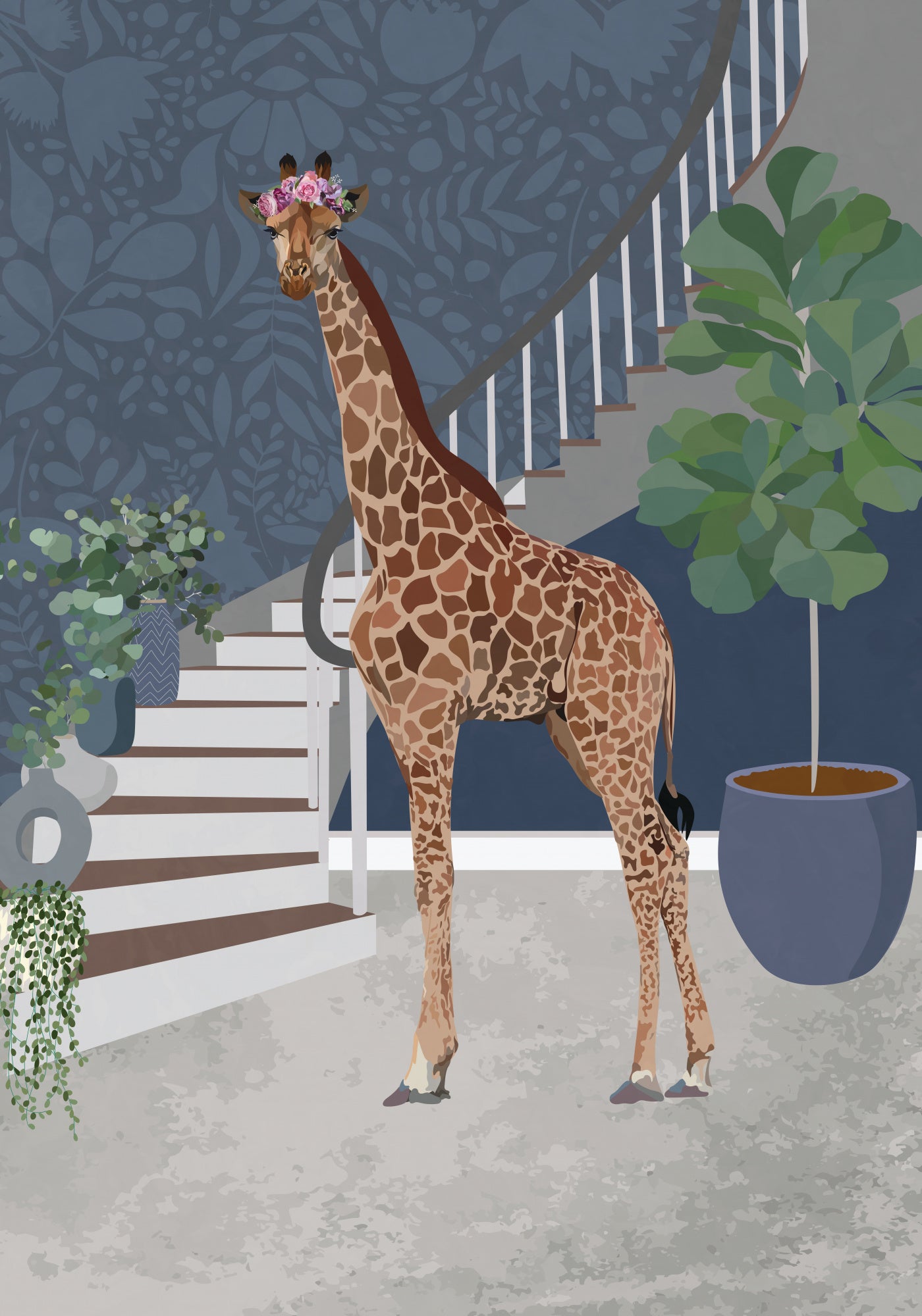Giraffe by the stairs Poster och Canvastavla