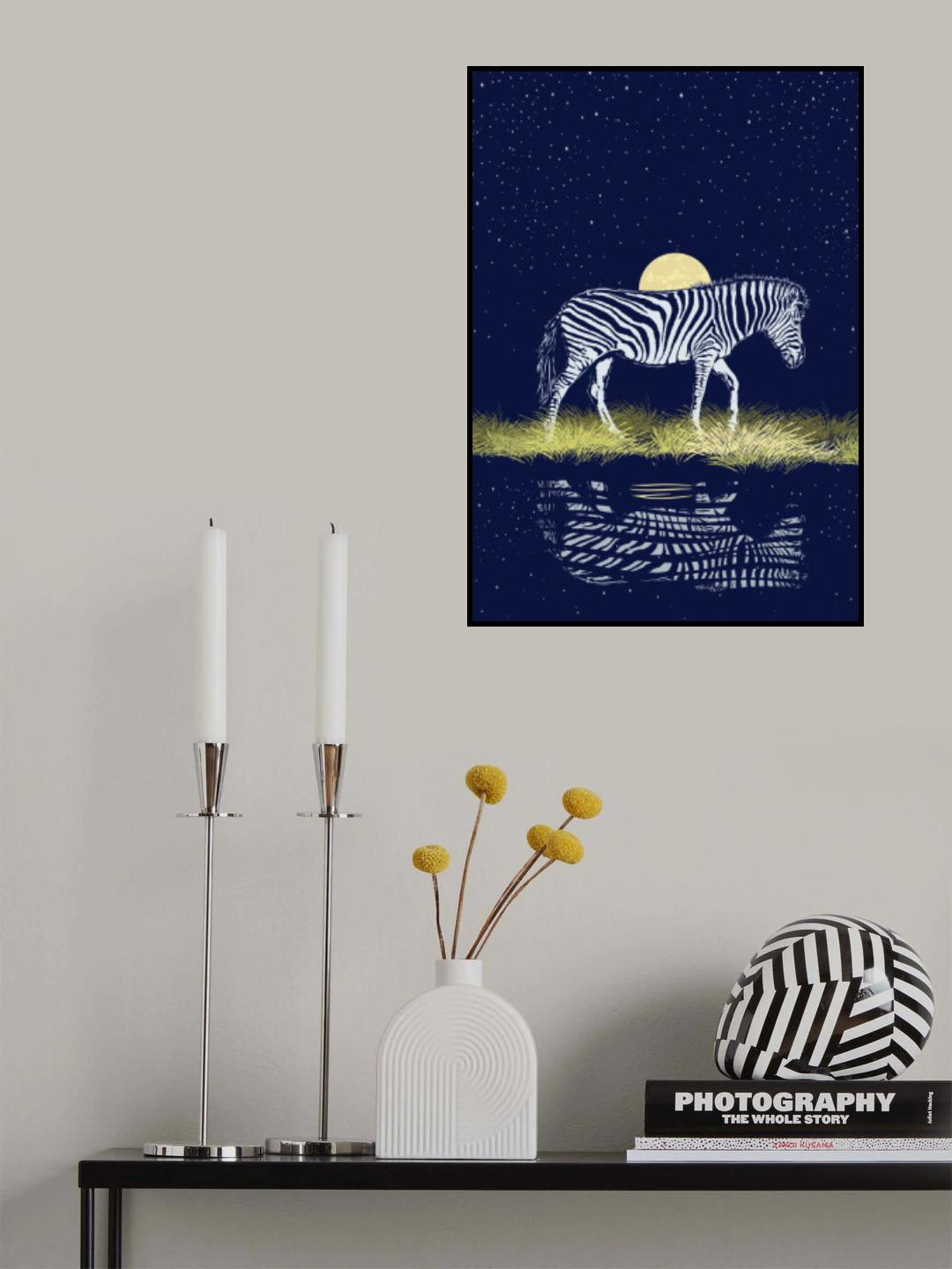 Zebra at Waterhole Moonrise Poster och Canvastavla
