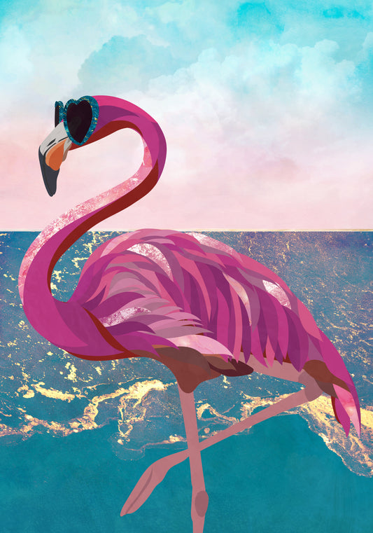 Flamingo goes to the beach Poster och Canvastavla