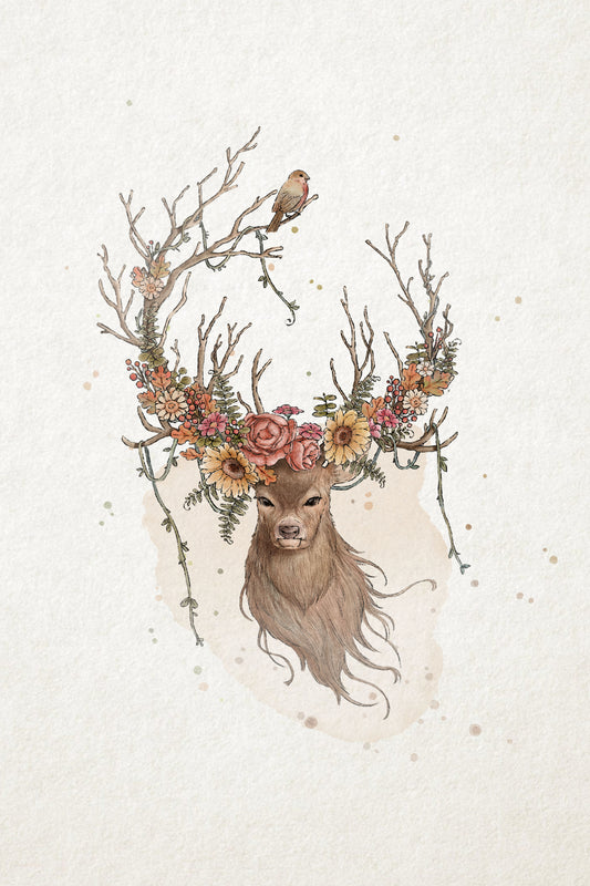 Deer and flowers Poster och Canvastavla